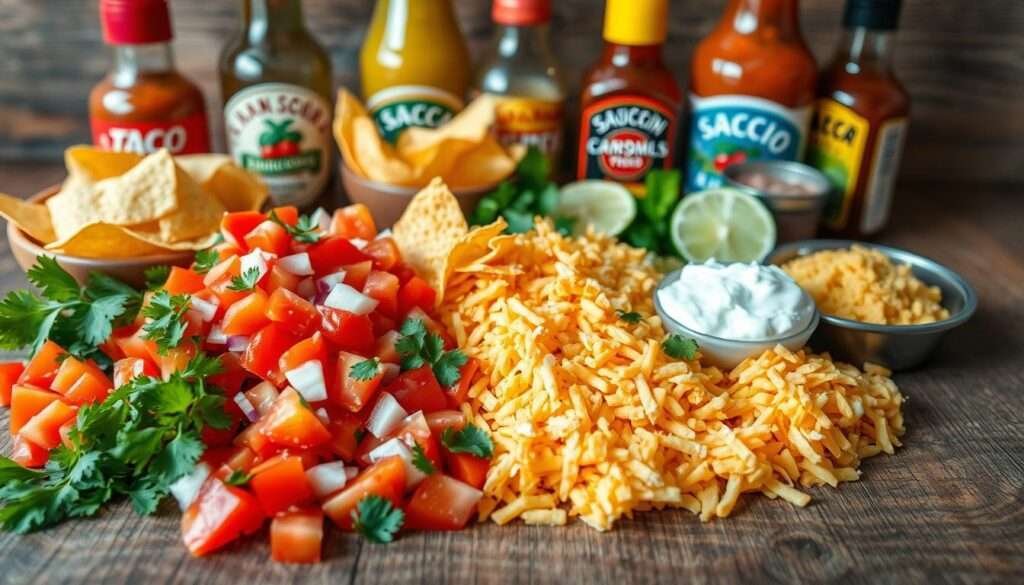 A vibrant assortment of taco toppings arranged artfully on a rustic wooden surface, illuminated by soft natural lighting. In the foreground, freshly chopped tomatoes, onions, and cilantro, their colors and textures popping against the earthy backdrop. In the middle ground, crunchy tortilla chips, grated cheddar cheese, and dollops of sour cream and guacamole, inviting the viewer to imagine the satisfying crunch and creamy richness. The background features a selection of taco sauces, hot sauces, and freshly squeezed lime wedges, adding depth and dimension to the tantalizing display. The overall scene conveys the comforting and indulgent nature of the perfect taco topping experience.