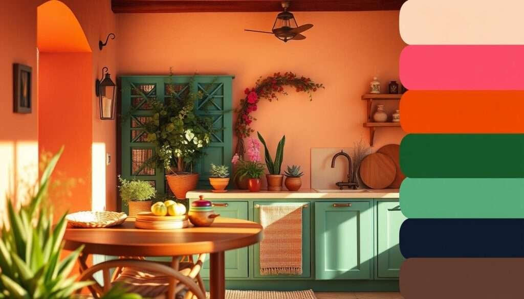 A vibrant, bohemian-inspired color palette, bathed in warm, natural light. In the foreground, a harmonious blend of earthy tones - terracotta, ochre, and sage green - evoke the timeless charm of a sun-drenched Mediterranean villa. The middle ground showcases lush, jewel-toned accents, like deep indigo and rich magenta, adding depth and visual interest. In the background, a soft, hazy gradient of blush and peach hues creates a serene, dreamlike atmosphere, reflecting the laid-back, free-spirited essence of a bohemian kitchen. Textural elements, such as woven textures and organic patterns, add depth and tactility to the palette. The overall composition exudes a sense of warmth, comfort, and effortless style, perfectly capturing the vibrant, soulful character of a bohemian color scheme.