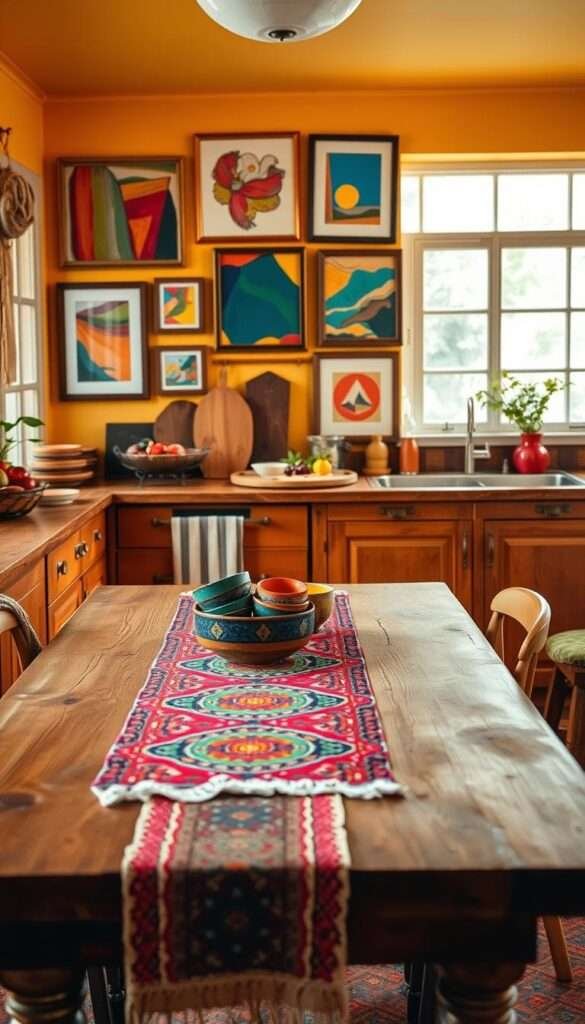 A vibrant boho kitchen in warm, earthy tones, with an eclectic mix of bold color patterns. In the foreground, a rustic wooden table is adorned with a vibrant patterned table runner, complemented by a cluster of ceramic bowls in vivid hues. In the middle ground, the walls are adorned with an assortment of framed abstract art, each piece showcasing a unique blend of colors and textures. The background features a large window, allowing natural light to flood the space and accentuate the interplay of colors and patterns. The overall atmosphere is cozy, inviting, and reflective of a stylish, bohemian-inspired kitchen.