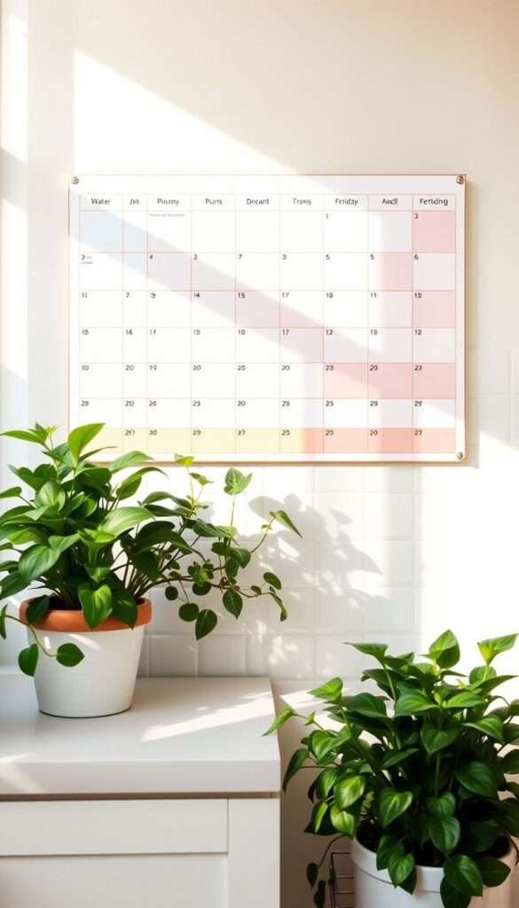 A vibrant, color-coded plant care calendar hangs on the kitchen wall, its neat rows and columns providing a clear visual guide to watering, pruning, and fertilizing schedules. The calendar is rendered in a clean, minimalist style, with soft pastel hues that complement the kitchen's fresh, natural aesthetic. Sunlight streams through the nearby window, casting a warm glow over the calendar and highlighting the lush, verdant houseplants nestled on the kitchen counter below. The overall scene conveys a sense of effortless organization and a commitment to maintaining a thriving indoor garden, perfectly suited for the "Maintenance Made Simple" section of the article.