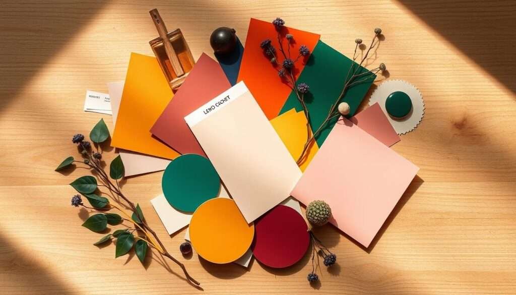 A vibrant color palette reflecting a modern boho kitchen aesthetic. A central arrangement of paint swatches and fabric samples in warm neutrals like terracotta, mustard, and dusty rose, complemented by rich jewel-toned accents of emerald, sapphire, and amethyst. The samples are artfully displayed on a natural wooden surface, bathed in soft, diffused lighting that casts gentle shadows. The overall mood is cozy, inviting, and timeless, with a touch of playfulness and creativity. The composition is balanced and visually appealing, capturing the essence of a harmonious boho color story.