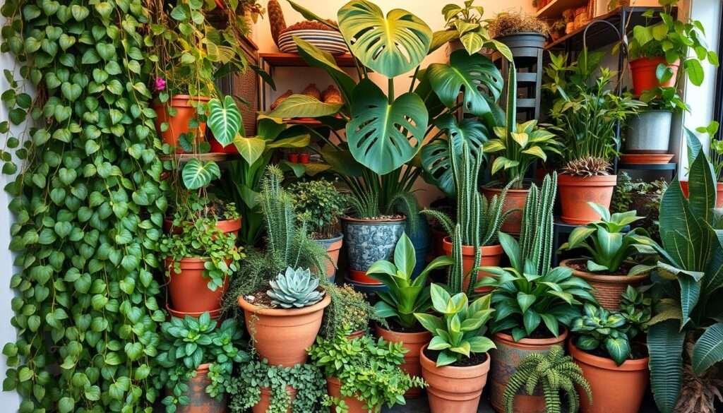 A vibrant, lush boho-inspired arrangement of potted plants in varying sizes, shapes, and textures. In the foreground, a mix of trailing ivy, bushy ferns, and delicate succulents spill over the edges of rustic terracotta pots, creating a cascading, natural canopy. The middle ground features larger leafy houseplants like monstera and philodendrons, their broad foliage gently swaying in the warm, diffused lighting. In the background, a verdant assortment of potted herbs, cacti, and flowering plants add pops of color and texture, creating an immersive, plant-powered oasis. The overall mood is one of serene, earthy elegance, perfectly suited to complement a cozy, chic boho-style kitchen.