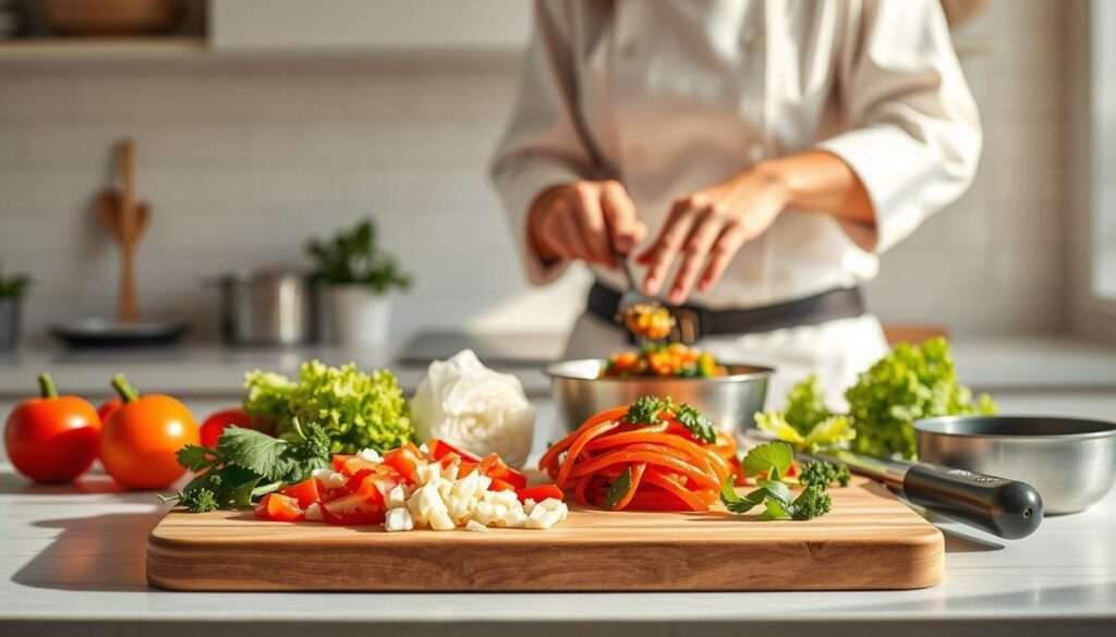 A vibrant, step-by-step recipe illustration set against a bright, airy kitchen backdrop. The foreground features a wooden cutting board with various fresh ingredients neatly arranged, including chopped vegetables, herbs, and cooking utensils. The middle ground showcases a chef's hands delicately preparing the dish, with a warm, directional lighting highlighting the textures and colors. The background depicts a minimalist, white-tiled wall, lending a clean, modern aesthetic. The overall mood is one of culinary expertise and step-by-step instructions, perfectly suited to illustrate the "Step-By-Step Instructions" section of the "24 Simple Dinner Ideas" article.