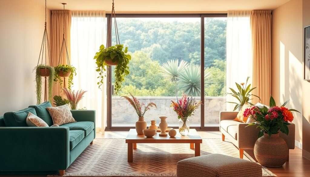 A vibrant, sun-drenched boho color palette fills a minimalist living room. In the foreground, a plush, jewel-toned velvet sofa sits atop a patterned area rug. Lush, trailing plants cascade from macrame plant hangers, their verdant leaves contrasting with the soft, muted walls. In the middle ground, a low, natural wood coffee table is topped with a mixture of decorative ceramic pieces and glass vases filled with vibrant wildflowers. Sheer curtains billow softly, casting a warm, golden glow throughout the space. In the background, an oversized floor-to-ceiling window frames a picturesque view of a lush, verdant outdoor landscape. The overall atmosphere evokes a sense of modern, eclectic bohemian charm.
