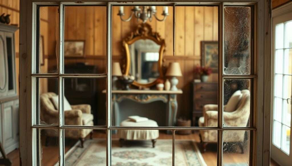 A vintage antique window frame, weathered and worn, stands in the foreground, casting a warm, soft light across a rustic farmhouse living room. In the middle ground, an ornate, antique mirror reflects the room's rustic charm, its aged glass adding a sense of history and character. The background features a cozy, inviting space, with wood-paneled walls, a plush area rug, and a few carefully curated vintage decor pieces, creating an atmosphere of timeless elegance and charm.