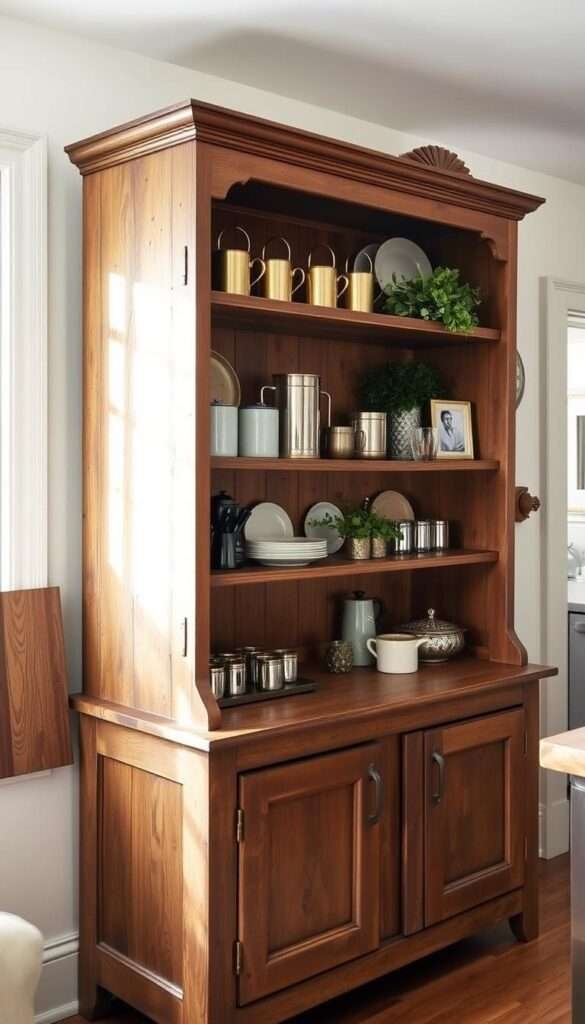 A vintage-inspired antique wooden hutch stands proudly in a cozy, well-lit kitchen. The open shelving showcases an array of brass mugs, carefully curated knick-knacks, and fresh greenery, creating a warm, inviting display. Soft, natural light filters through the windows, casting a gentle glow on the weathered wood and polished brass accents. The hutch's rustic charm and repurposed design serve as a focal point, seamlessly blending old-world elegance with modern functionality, a true statement of style in this small, but well-appointed space.