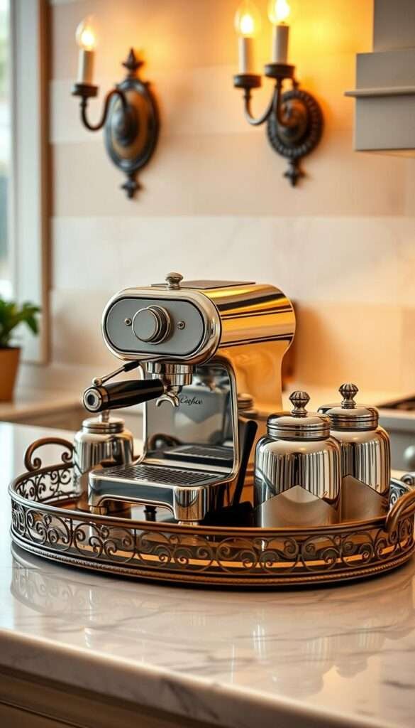 A vintage metal tray resting on a pristine marble countertop, holding a classic espresso machine in gleaming chrome along with matching canister sets in a complementary color palette. Warm, soft lighting from sconces bathes the scene in a cozy glow, creating an inviting and sophisticated coffee station. The tray's ornate design and the machine's retro styling evoke a timeless charm, transporting the viewer to a bygone era of elegant kitchens. The overall composition exudes a sense of refined simplicity, perfectly capturing the essence of a charming coffee corner that could elevate any kitchen's ambiance.