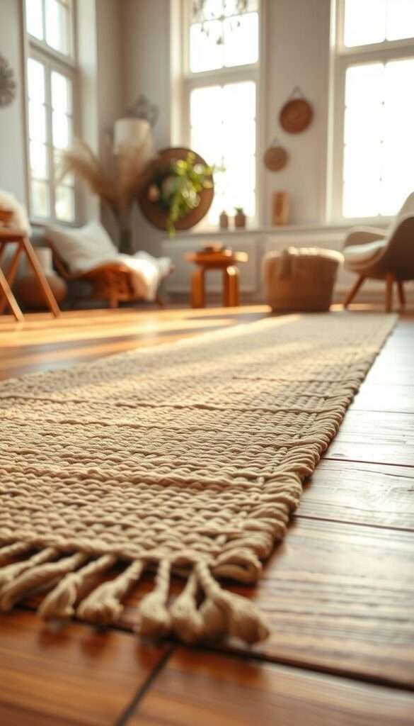 A vintage runner made of natural fibers lies on warm wooden floorboards, the light from large windows casting a soft, golden glow. In the foreground, the detailed texture of the runner's woven pattern is visible, while the middle ground features the runner's edges and the wood's intricate grain. In the background, the room's neutral and serene boho-inspired decor is subtly suggested, creating a harmonious, cozy atmosphere.
