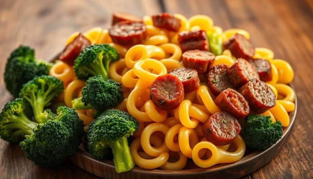 A visually appetizing arrangement of orecchiette pasta, gently browned Italian sausage, and fresh, vibrant broccoli florets. The pasta is cooked to al dente perfection, the sausage is juicy and flavorful, and the broccoli retains a crisp-tender texture. Warm, golden lighting casts a cozy glow over the scene, creating an inviting and mouthwatering atmosphere. The composition is balanced, with the various elements arranged harmoniously on a rustic wooden surface, highlighting the natural colors and textures of the ingredients. This image perfectly captures the comforting and delicious essence of the "Orecchiette with Sausage and Broccoli" recipe, making you eager to dig in and enjoy this irresistible dish.