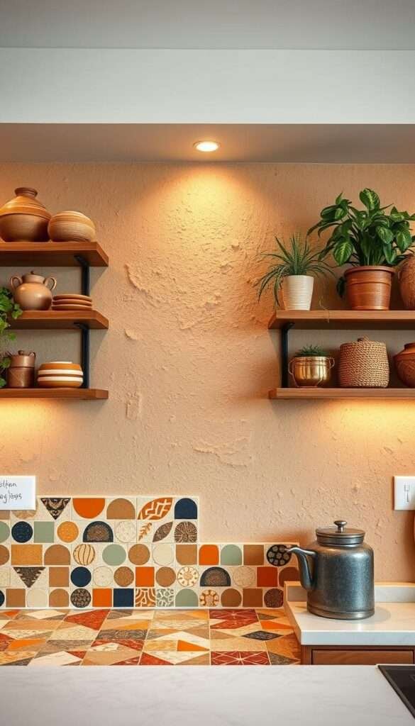 A visually striking boho-inspired kitchen backsplash, featuring a lively mix of earthy tones, organic patterns, and artisanal textures. In the foreground, a hand-painted tile mosaic in shades of terracotta, ochre, and sage green, arranged in a dynamic, asymmetrical layout. The middle ground showcases an eye-catching, textured plaster wall, with subtle variations in color and finish, evoking the appearance of handmade adobe. Warm, diffused lighting from recessed fixtures casts a soft, golden glow, creating a cozy, inviting atmosphere. In the background, wooden open shelving displays a carefully curated collection of earthenware, woven baskets, and lush potted plants, completing the rustic, bohemian ambiance.