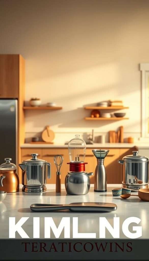A vivid timeline depicting the evolution of kitchen problem-solving breakthroughs. In the foreground, a series of expertly rendered kitchen appliances and tools, each representing a significant innovation that revolutionized the way we approach culinary challenges. The middle ground showcases a minimalist kitchen setting, bathed in warm, natural lighting that accentuates the practical solutions on display. In the background, a subtly rendered timeline charts the progression of these breakthroughs, from classic techniques to cutting-edge advancements. The overall composition conveys a sense of progress, innovation, and the ingenuity of the human spirit in overcoming the constraints of a tiny kitchen.
