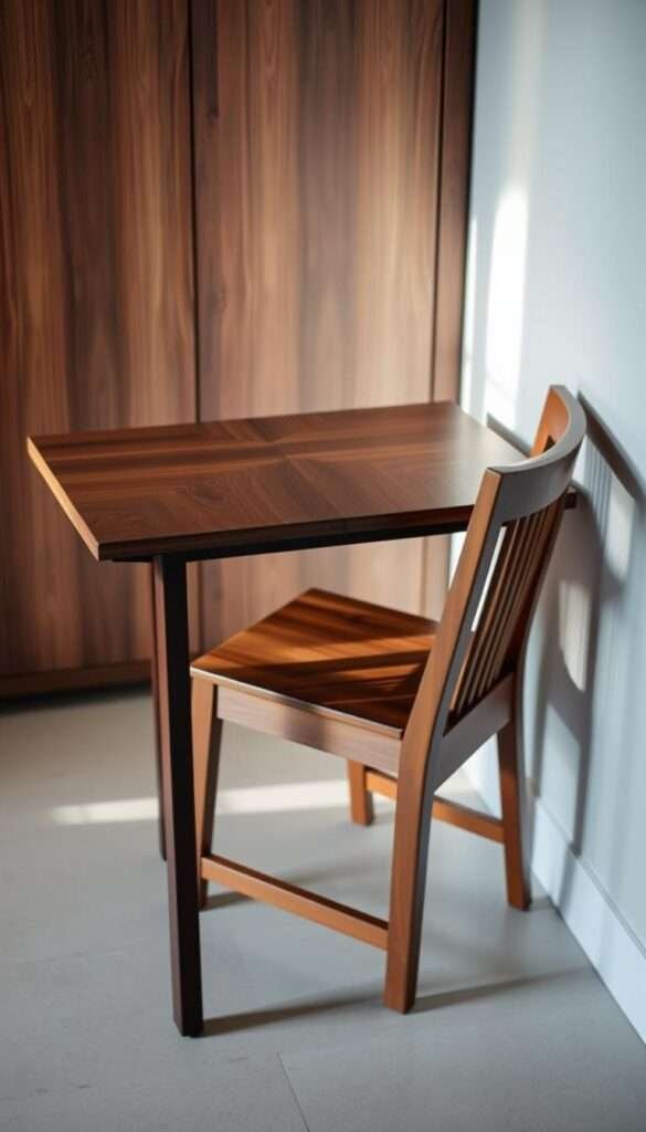 A walnut-finished fold-down table, its sleek surface contrasting beautifully against the warm wood tones. The table effortlessly folds down to reveal a hidden compartment, housing a matching wooden chair for flexible dining. Soft, indirect lighting illuminates the scene, casting gentle shadows that accentuate the table's elegant design. The composition is captured from a slightly elevated angle, showcasing the table's functional versatility and the seamless integration of the hidden storage feature. The overall mood is one of refined simplicity, inviting the viewer to envision the table's use in a cozy, well-designed small kitchen.