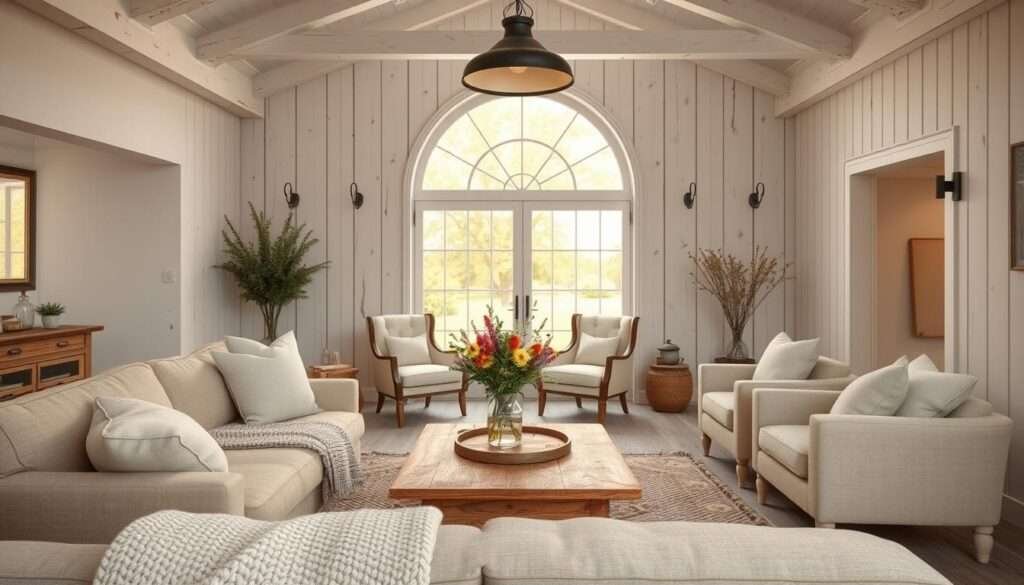 A warm and inviting farmhouse-inspired living room with a serene, neutral color palette. In the foreground, a plush, oatmeal-toned sofa and a chunky, woven throw blanket invite relaxation. Atop a rustic, wooden coffee table, a vase of fresh wildflowers adds a pop of color. In the middle ground, a pair of vintage-inspired armchairs in a soft, natural linen hue flank a large, arched window that bathes the space in gentle, golden light. In the background, whitewashed wood paneling and exposed ceiling beams create an atmosphere of rustic elegance. A single, statement light fixture in a matte black finish casts a soft, ambient glow throughout the room.