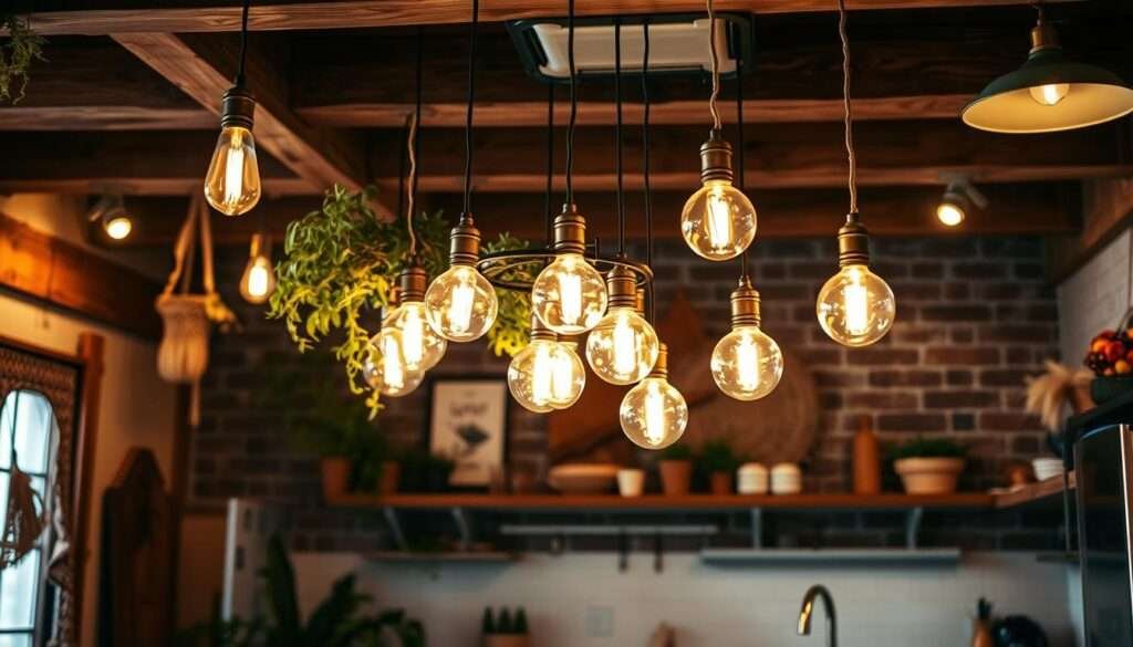 A warm, cozy boho kitchen with pendant lights casting a soft, ambient glow. Rustic wooden beams and exposed brick walls create a charming, vintage-inspired atmosphere. Hanging plants and macrame accents add natural, earthy touches. Brass fixtures and Edison bulbs complement the overall bohemian aesthetic. The lighting casts dramatic shadows, creating a moody, inviting vibe perfect for intimate gatherings. A small, space-saving kitchen island or dining nook is illuminated by a cluster of globe-shaped pendants, providing ample yet stylish task lighting. The overall scene evokes a sense of relaxed sophistication, making this boho kitchen lighting a true focal point.