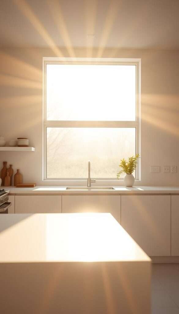 A warm, golden morning light filters through the minimalist kitchen windows, casting a soft glow on the clean, uncluttered countertops and sparse decor. The windows, framed in a sleek, brushed metal, offer a clean, architectural aesthetic that complements the simple, modern design. Sunbeams dance across the smooth, white tile floor, creating a bright, airy ambiance that invites you to linger and savor the tranquility of the morning. The overall scene exudes a sense of calm and serenity, perfectly capturing the essence of a minimalist kitchen that maximizes natural light for an effortlessly elegant and efficient space.