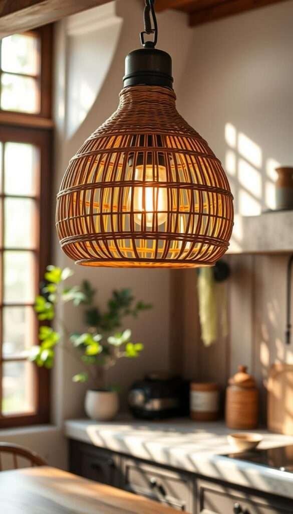 A warm, handcrafted rattan pendant light gently illuminating a cozy, bohemian kitchen. The woven sphere casts a soft, diffused glow, its natural texture and earthy tones complementing the rustic wood and greenery surrounding it. The pendant is suspended from an aged metal fixture, its clean lines and matte finish adding a touch of industrial chic. The kitchen is bathed in a warm, golden light, creating a welcoming, inviting atmosphere. Sunlight streams through large windows, casting gentle shadows that dance across the surface of the rattan, adding depth and movement to the scene. This sustainable, artisanal light fixture is the heart and soul of this bohemian kitchen, radiating a sense of warmth, coziness, and timeless style.