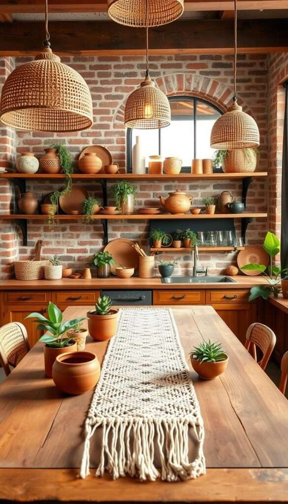 A warm, inviting DIY boho kitchen with rustic and eclectic charm. In the foreground, a wooden farmhouse table adorned with a hand-woven macrame runner, terracotta pots, and an assortment of natural fiber baskets. Midground features open shelving displaying an eclectic mix of earthenware, vintage glassware, and trailing plants. The background showcases exposed brick walls, pendant lights with natural rattan shades, and a large window letting in soft, diffused natural light. The overall atmosphere is cozy, organic, and Instagram-worthy, capturing the essence of a handcrafted, bohemian-inspired kitchen.