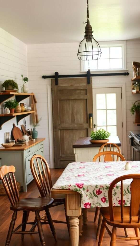 A warm, inviting boho farmhouse kitchen with rustic charm on a budget. In the foreground, a reclaimed wood table with a vintage floral tablecloth and mismatched wooden chairs. Floating shelves display an eclectic mix of ceramic vases, potted herbs, and thrifted trinkets. The middle ground features a worn, distressed kitchen island with a butcher block top and old-world pendant lights overhead. The backdrop showcases whitewashed shiplap walls, a salvaged barn door, and a large window that floods the space with natural light. Earthy tones, natural textures, and a cozy, lived-in vibe permeate the scene.