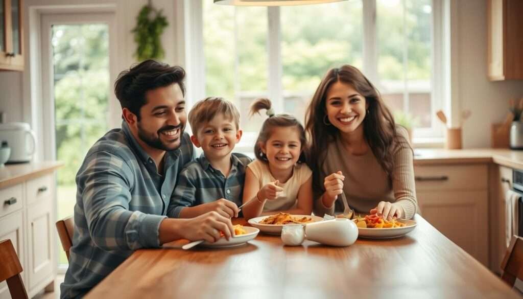 A warm, inviting family scene set in a cozy, well-lit kitchen. In the foreground, a family of four - two parents and two children - sitting together at a wooden table, smiling and sharing a meal. The parents are casually dressed, radiating a sense of comfort and togetherness. The children, a boy and a girl, are enthusiastically digging into their plates, their faces full of delight. In the middle ground, the kitchen is clean and tidy, with neatly arranged appliances and utensils on the countertops. The background features a large window overlooking a lush, green backyard, allowing natural light to flood the space. The overall atmosphere is one of togetherness, joy, and the simple pleasures of a shared family dinner.