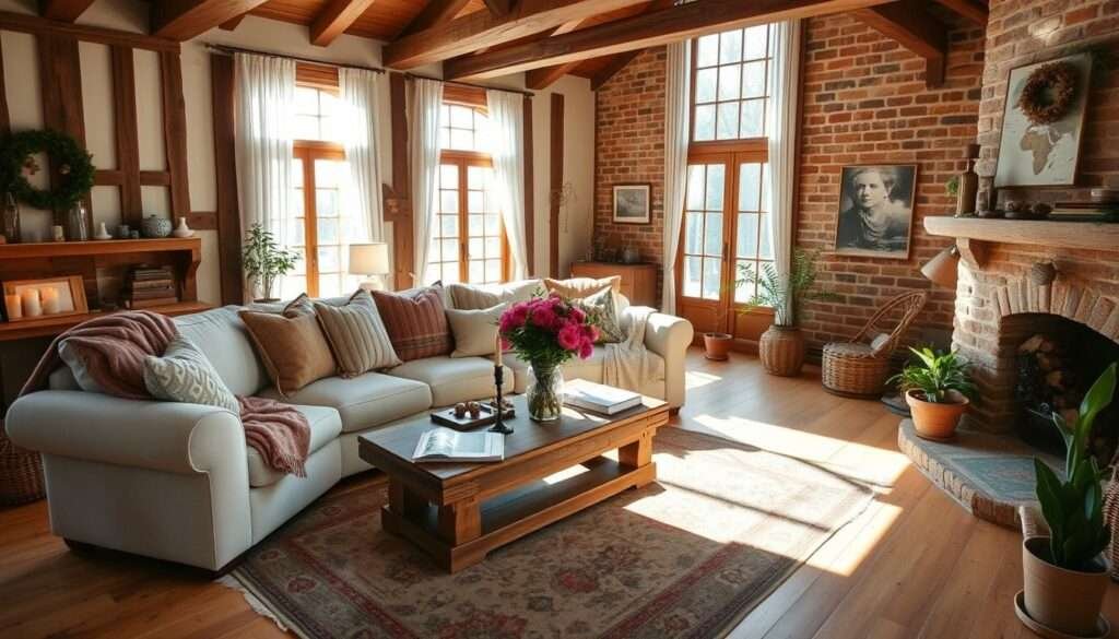 A warm, inviting farmhouse living room with a large, plush L-shaped sofa draped in cozy throws. A rustic wooden coffee table is adorned with candles, magazines, and a vase of freshly picked flowers. The room is flooded with natural light streaming through large windows framed by sheer white curtains. Earthy tones and textures, such as exposed wooden beams and a brick fireplace, create a cozy, lived-in atmosphere. A vintage area rug and a few well-placed potted plants add pops of greenery. The space feels intentionally curated, reflecting a sense of comfort and relaxation.