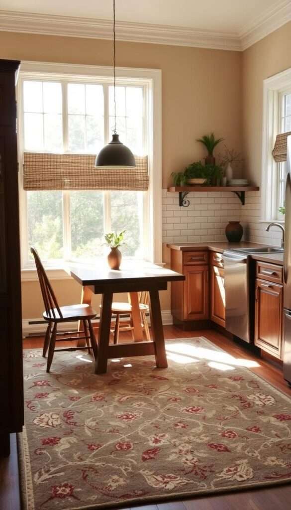 A warm, inviting kitchen dining nook, bathed in natural light streaming through large windows. In the foreground, a washable, floral-patterned rug in muted hues anchors the space, its soft textures inviting bare feet. The rug's intricate blooms and flowing vines create a sense of organic movement, complementing the rustic wooden table and chairs in the middle ground. In the background, a backsplash of subway tiles in a complementary color palette frames the scene, while open shelving displays decorative pottery and plants, adding to the cozy, lived-in atmosphere.