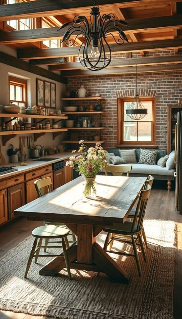 A warm, inviting rustic boho kitchen with natural wood tones, woven textures, and earthy accents. Sunlight streams through large windows, casting a soft glow over the space. The foreground features a farmhouse-style wood table with a distressed finish, complemented by mismatched vintage chairs and a large jute area rug. On the table, a vase of fresh wildflowers adds a bohemian touch. The middle ground showcases open shelving displaying an eclectic mix of earthenware, copper pots, and glass jars. The background highlights exposed brick walls, a vintage chandelier, and a cozy window nook with plush cushions. The overall atmosphere is one of relaxed, lived-in charm that invites lingering and everyday use.