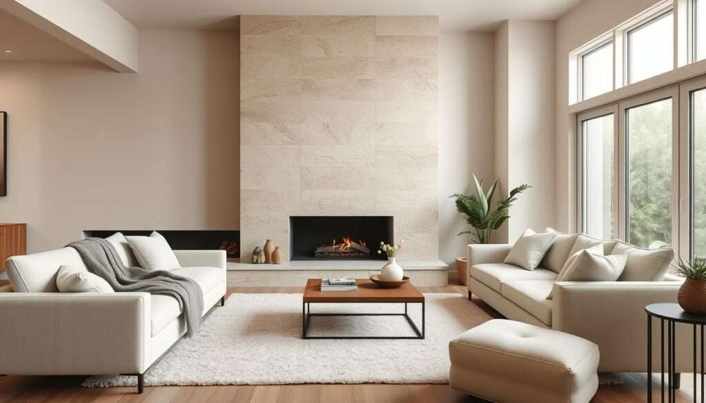 A warm, minimalist living room with a soothing, greige color palette. The space features a clean-lined sofa and armchair, accented by a cozy throw and plush rug in complementary neutral tones. The focal point is a large, natural travertine stone fireplace, its earthy hues and textural surface creating a calming, tactile effect. Soft, diffused lighting filters in through large windows, casting a gentle glow and highlighting the room's serene ambiance. The overall aesthetic is one of understated elegance and quiet sophistication, embodying the perfect balance of modern simplicity and inviting warmth.