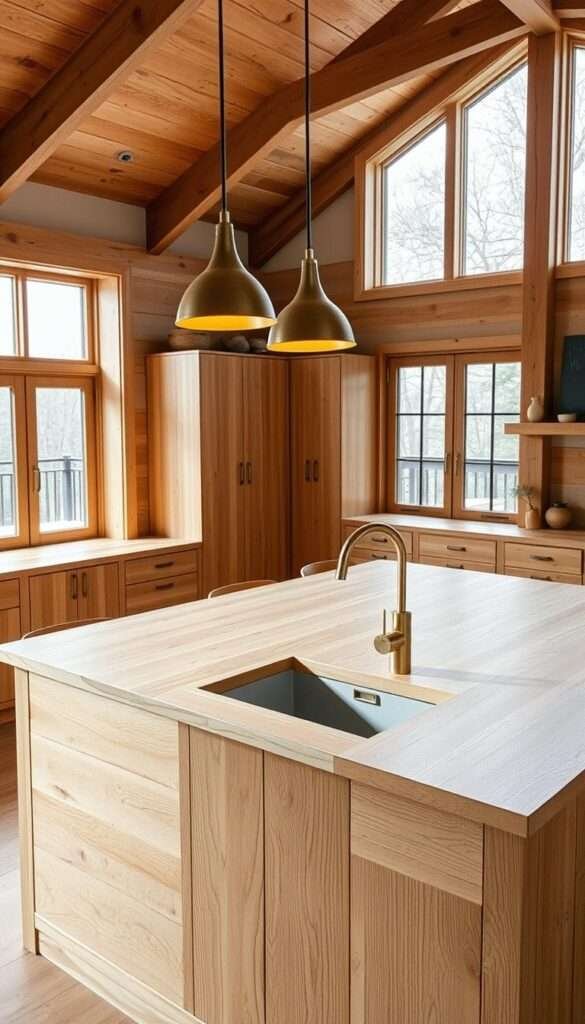 A warm, rustic Scandinavian kitchen featuring a large wooden island with an integrated sink. The island is made of smooth, light-colored oak, its natural grain patterns visible. The sink is seamlessly built into the island, surrounded by a minimal, rectangular countertop. Overhead, a pair of sleek, metal pendant lights cast a soft, golden glow, complementing the wood tones. The kitchen has a bright, airy atmosphere, with large windows letting in natural light. The overall impression is one of simplicity, functionality, and an appreciation for natural materials.