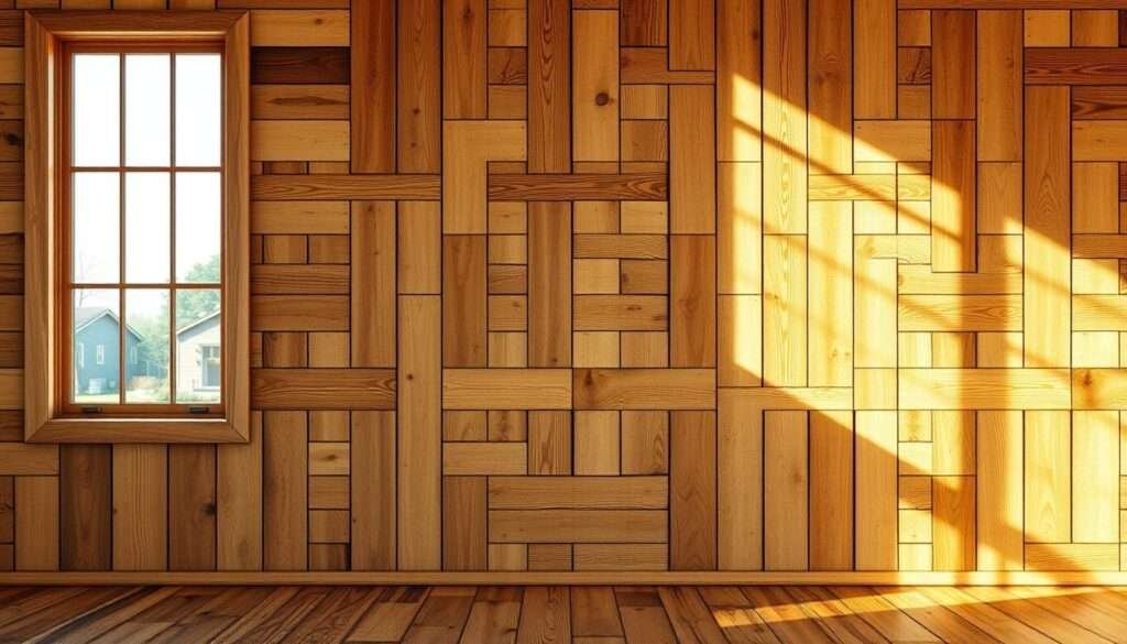A warm, rustic backdrop of reclaimed wood panels in natural tones, with visible knots and weathered textures. Sunlight streams through large windows, casting a soft, golden glow across the surface. The wood planks are arranged in a staggered, asymmetric pattern, adding visual interest and a touch of farmhouse charm. The overall composition creates a cozy, inviting ambiance that would beautifully frame and complement a living room setting.