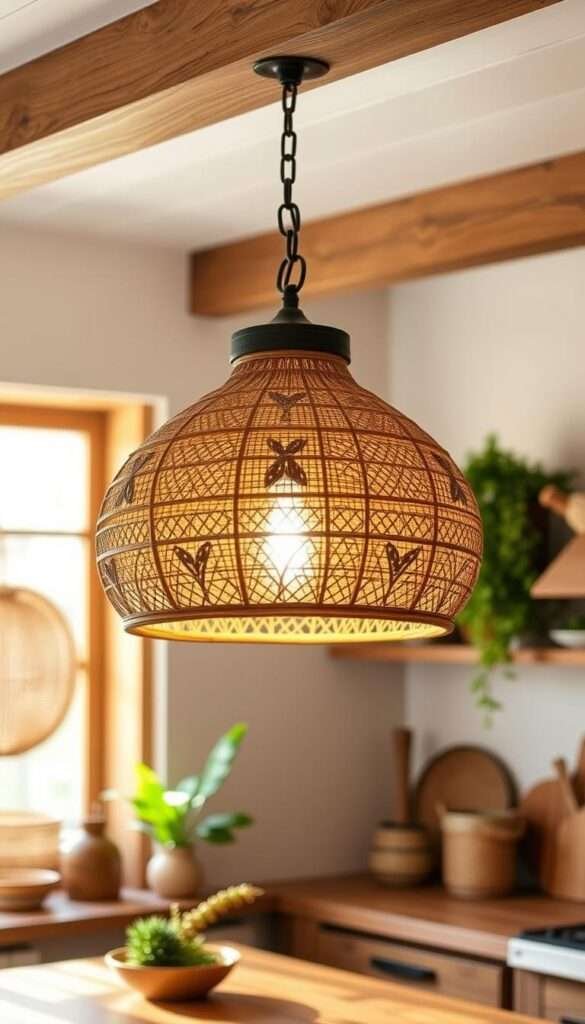 A warm, rustic boho farmhouse pendant light hanging from a wooden beam, casting a gentle glow over a cozy kitchen. The light fixture features a large woven rattan shade with intricate patterns, complemented by wrought iron accents. Soft, ambient lighting illuminates the space, creating a inviting and relaxed atmosphere. The pendant is positioned above a wooden kitchen island or dining table, surrounded by natural elements like potted plants, woven textures, and earthy tones that evoke a pastoral, countryside aesthetic. The overall scene captures the essence of a stylish yet comfortable boho farmhouse kitchen space.