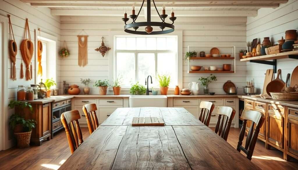 A warm, rustic farmhouse kitchen bathed in natural light, with a touch of boho flair. In the foreground, a large wooden dining table with mismatched vintage chairs surrounds a worn, weathered center. Hanging overhead, a wrought-iron light fixture casts a soft glow. The walls showcase whitewashed shiplap, adorned with colorful macrame wall hangings and potted plants. In the middle ground, a farmhouse-style sink sits beneath a wide window, its sill overflowing with fresh herbs. The background features open shelving displaying an eclectic mix of earthenware, copper pots, and vintage cookbooks. The overall mood is one of relaxed, lived-in comfort, blending the rustic charm of a farmhouse with the soulful details of a boho aesthetic.