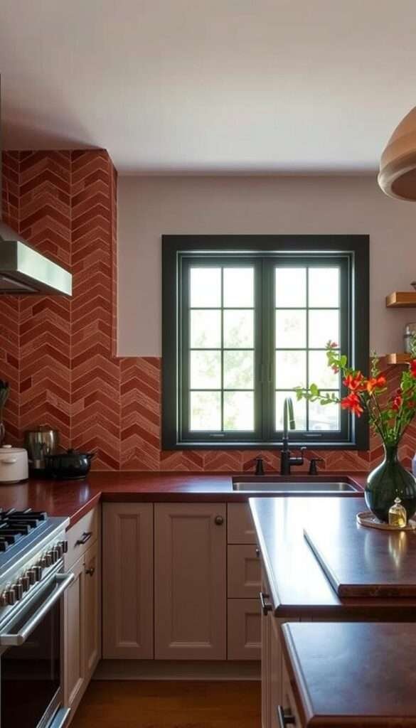 A warm, rustic terracotta zellige backsplash in a herringbone pattern adorns the kitchen, adding a bold pop of brick red to the space. The tiles are carefully arranged, creating a visually striking and textured surface that catches the soft, natural light filtering in through the large windows. The backsplash takes center stage, complementing the muted tones of the cabinetry and countertops, and serving as the focal point of the room. The scene exudes a cozy, autumn-inspired ambiance, perfectly suited for the "Bold Color Pops" section of the article.