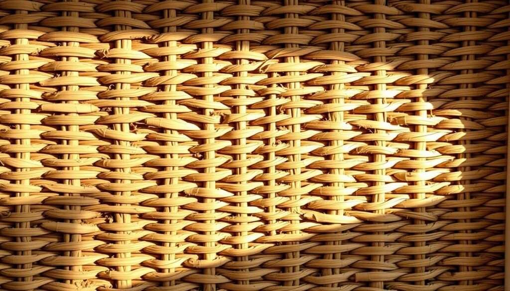 A warm, rustic woven basket wall, with intricate patterns and textures created by the intertwining rattan or willow strands. The basket weave forms a natural, organic backdrop, with a soft, earthy color palette that enhances the cozy, farmhouse-inspired ambiance. Gentle side lighting casts subtle shadows, adding depth and dimension to the woven surface. The overall composition evokes a sense of comfort, coziness, and a connection to handcrafted, artisanal decor that would beautifully complement a rustic farmhouse living room.