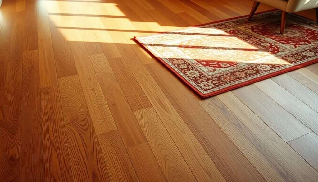 A warm, sun-dappled wood floor, the grain gently swaying in the soft, natural light. Planks of rich, burnished oak laid in an elegant herringbone pattern, their hues deepening from golden honey to rich chestnut. Scattered across this inviting expanse, a plush, vintage-inspired area rug in muted tones of rust and ochre, its intricate patterns lending a cozy, lived-in charm. The scene is bathed in a soft, diffuse glow, as if captured through the lens of a vintage camera. This rustic yet refined floor serves as the foundation for a space filled with modern, textural elements and a sense of timeless, natural elegance.