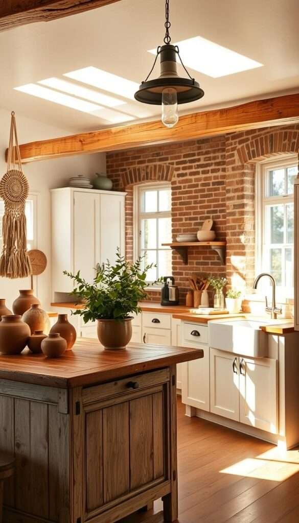 A warm, sun-drenched boho farmhouse kitchen with a charming, rustic ambiance. In the foreground, a weathered wooden kitchen island adorned with macrame wall hangings, earthenware vases, and a lush potted plant. The middle ground showcases shaker-style cabinets in a soft white, complemented by butcher block countertops and a farmhouse-inspired double-basin sink. Gentle natural light streams in through large windows, casting a cozy glow over the space. In the background, exposed beams and brick walls lend a timeless, collected feel, while a vintage-inspired pendant light fixture adds a touch of industrial flair. The overall impression is one of warmth, coziness, and a lived-in, bohemian charm. Prompt
