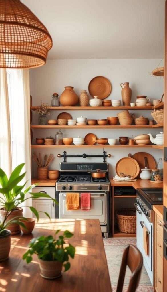 A warm, sun-drenched boho kitchen with natural textures and earthy tones. In the foreground, a cozy nook features a rattan pendant light, a wooden table, and lush potted plants. The middle ground showcases a vintage-inspired stove, a farmhouse sink, and an array of gleaming copper cookware. In the background, open shelves display an eclectic mix of ceramics, dried botanicals, and woven baskets. Soft, diffused lighting filters through sheer curtains, creating a serene and inviting atmosphere. The overall aesthetic evokes a harmonious blend of rustic charm and modern bohemian flair.
