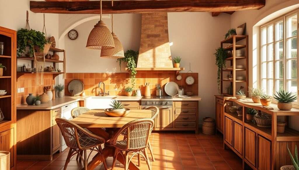 A warm, sun-drenched kitchen filled with natural materials and earthy tones. A wooden dining table anchors the space, surrounded by rattan chairs and a macrame plant hanger. Terracotta tiles line the floors, while a backsplash of glazed ceramic tiles in shades of ochre and sage create a focal point. Overhead, a wooden beam supports pendant lights with woven shades, casting a soft, ambient glow. Potted succulents and a trailing ivy plant add pops of greenery, while a rustic shelving unit displays an assortment of boho-chic décor pieces. The atmosphere is cozy, inviting, and effortlessly stylish.