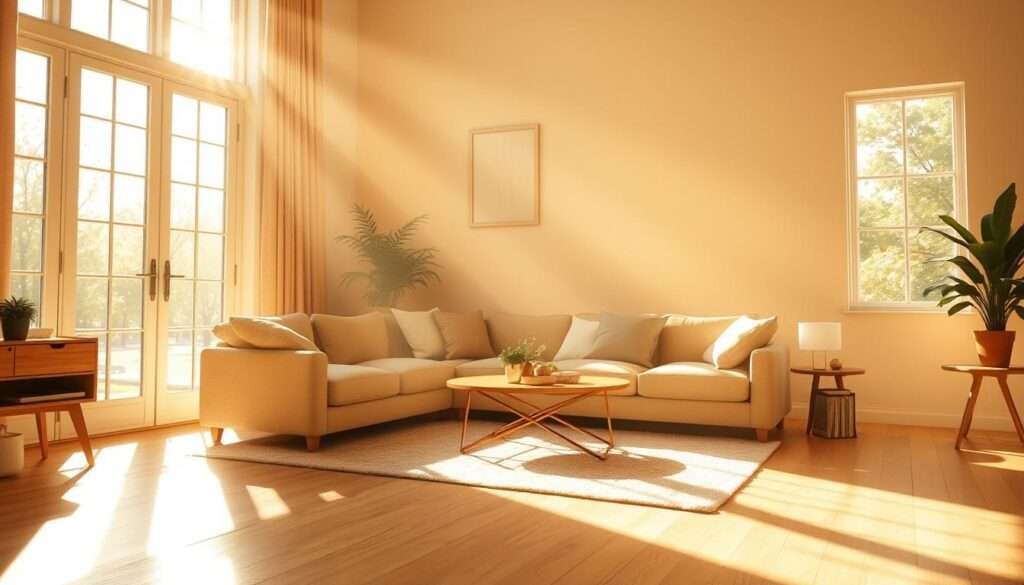 A warm, sun-filled living room with soft, natural light spilling through large windows. The room is bathed in a gentle, golden glow, casting a cozy ambiance across the space. The sunlight filters in at a low, oblique angle, creating long shadows and highlighting the textures of the furnishings. The light is diffuse and even, creating a soothing, tranquil atmosphere. Sunbeams dance across the floor, adding a sense of movement and liveliness to the scene. The room is well-lit, but not overpowering, allowing the colors and materials to shine. The lighting is clean, natural, and evocative of a peaceful, serene environment.