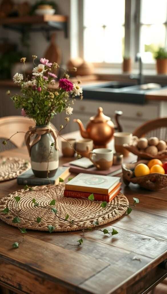 A warm, well-lit boho kitchen table, adorned with an array of natural elements. In the foreground, a rustic wooden table is topped with a woven rattan placemat, a hand-painted ceramic vase holding fresh wildflowers, and a stack of hardcover books in earthy tones. Trailing vines spill over the table's edge, adding a lush, organic touch. The middle ground features a mix of boho-inspired decor pieces - a copper kettle, a set of mismatched ceramic mugs, and a carved wooden bowl filled with seasonal fruits. The background is softly blurred, hinting at a cozy, inviting kitchen space with natural light flooding in through large windows. The overall mood is one of effortless, bohemian elegance.