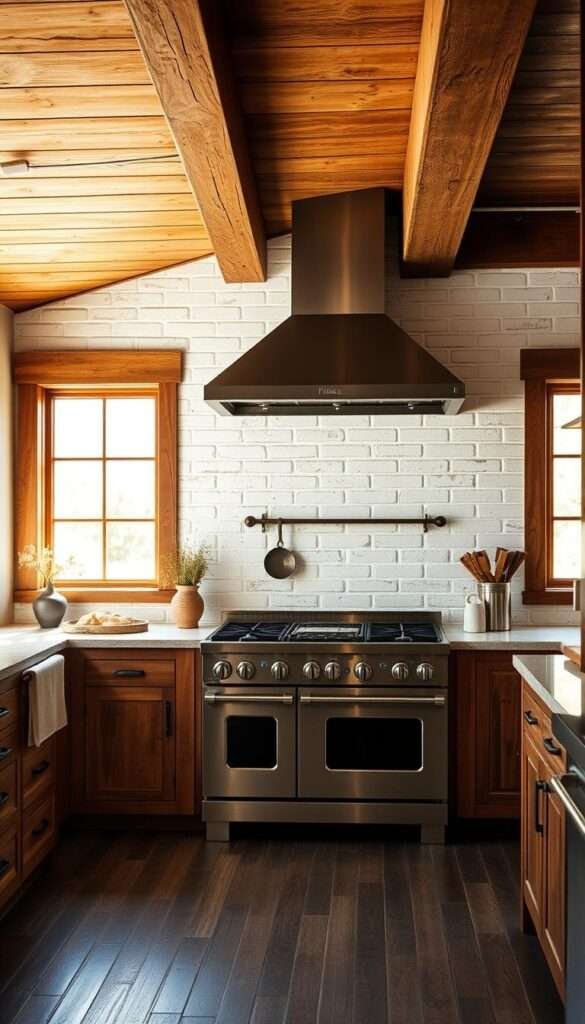 A weathered, distressed white brick accent wall serves as the focal point in this rustic kitchen setting. Stainless steel appliances, including a professional-grade range, lend an industrial touch that contrasts beautifully with the warmth of the reclaimed wood cabinetry and exposed ceiling beams. Soft, natural lighting filters in through large windows, casting a golden glow and highlighting the texture of the bricks. The overall atmosphere is one of earthy elegance, inviting the outdoors in through a harmonious blend of materials and tones.