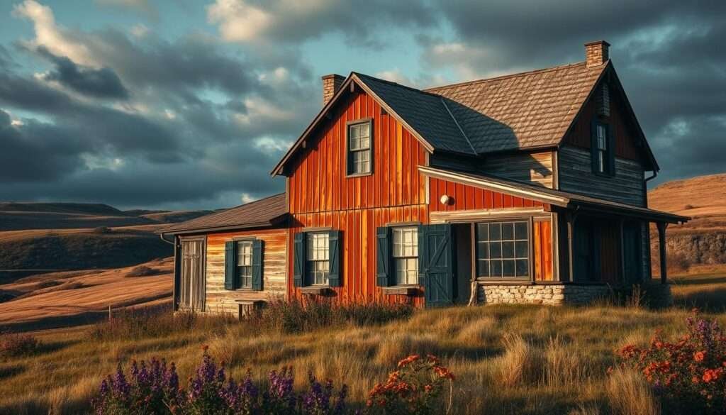 A weathered farmhouse nestled amidst rolling hills, bathed in moody, earthy hues. Warm, burnished tones of amber and ochre dance across the worn wooden siding, contrasted by deep navy blue accents on the trim and shutters. Wispy clouds cast dramatic shadows, adding depth and dimension to the scene. The landscape is dotted with vibrant wildflowers, their vibrant purples and rusty oranges complementing the rustic palette. Soft, diffused lighting filters through the windows, imbuing the interior with a cozy, inviting ambiance. Subtle texture and imperfections in the materials lend an authentic, lived-in feel to the composition.