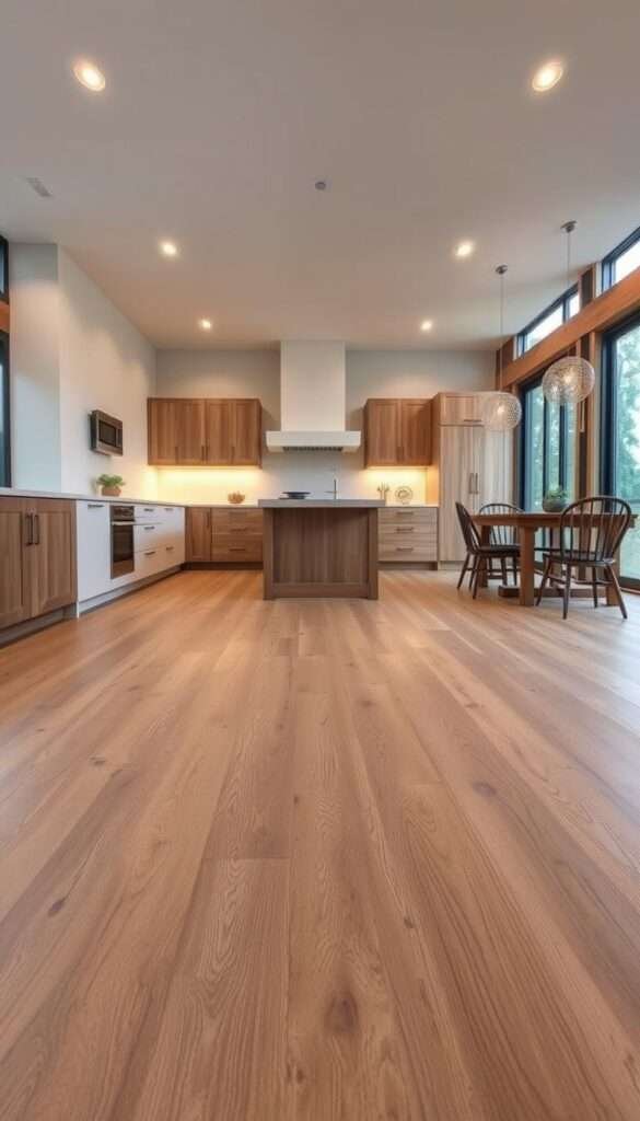 A weathered, pristine white oak floor in a modern rustic kitchen, its natural grain patterns visible and undulating across the wide planks. Warm, ambient lighting from recessed fixtures and large windows casts a soft glow, accentuating the rich texture and character of the aged wood. Minimalist cabinetry and furnishings allow the floor to take center stage, blending the indoors with the surrounding natural environment. The overall mood is one of understated elegance, where the timeless beauty of the flooring harmonizes with the clean, contemporary design of the space.