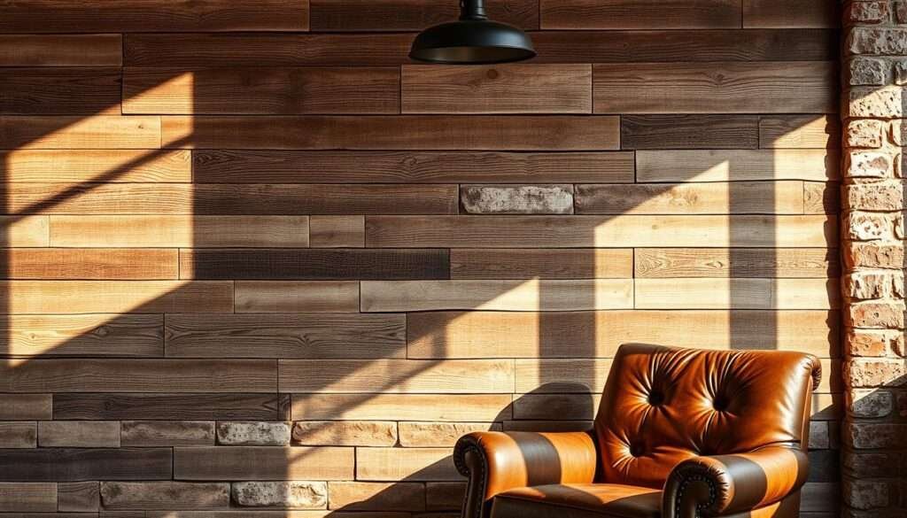 A weathered wooden plank wall, each board textured with age and character, casting warm shadows in soft, directional lighting. Interspersed, rough-hewn stone and brick elements, their varied hues and uneven surfaces adding depth and tactility. In the foreground, a worn leather armchair, its supple hide reflecting the muted tones of the surroundings. Overhead, a wrought-iron pendant light fixture, its industrial silhouette complementing the rustic materials. The overall atmosphere evokes a sense of timeless, lived-in charm, perfectly suited for a modern farmhouse aesthetic.