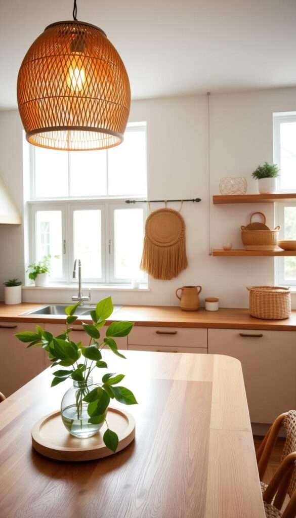 A well-curated kitchen featuring a stunning rattan-inspired design scheme. In the foreground, a sleek rattan pendant light casts a warm, ambient glow over a wooden dining table adorned with a modern rattan-woven vase and a lush green plant. The middle ground showcases a rattan-framed wall hanging, complemented by a rattan-woven basket on a minimalist wooden shelf. In the background, natural light streams in through large windows, highlighting the texture and warmth of the rattan elements integrated throughout the space. The overall atmosphere is one of refined, boho-inspired sophistication, perfectly embodying the essence of a modern, minimalist kitchen.