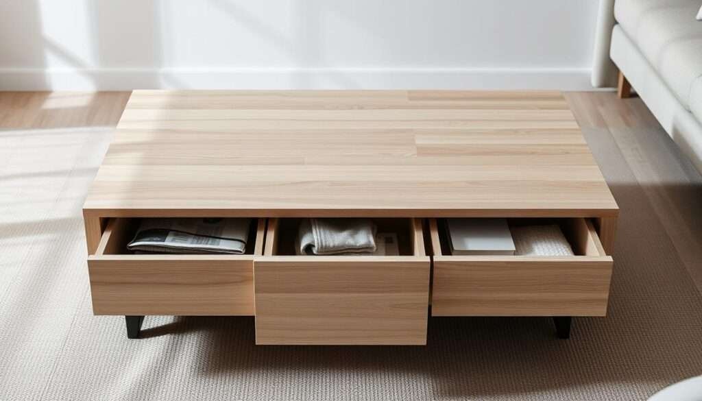 A well-designed, functional piece of minimalist furniture with ample built-in storage. A sleek, contemporary coffee table or end table with clean lines and a neutral color palette, featuring discrete compartments and drawers for concealing clutter. Soft, indirect lighting illuminates the piece, highlighting its smooth surfaces and allowing the natural textures to shine. The overall composition exudes a sense of order and balance, perfectly suited for a minimalist living room.
