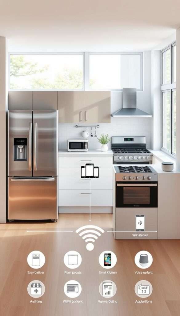 A well-designed smart kitchen connectivity diagram showcasing Wi-Fi-enabled appliances seamlessly integrated into a modern small kitchen setting. The foreground features a clean, minimalist layout with sleek stainless steel appliances, including a refrigerator, oven, and cooktop, all connected via a central control panel. The middle ground depicts a range of smart devices, such as a tablet, smartphone, and voice assistant, interacting with the appliances through a intuitive user interface. The background presents a bright, airy kitchen interior with natural light streaming in through large windows, creating a warm, inviting atmosphere. The overall scene conveys the harmony of technology and design, highlighting the effortless connectivity that powers a truly smart and efficient kitchen.