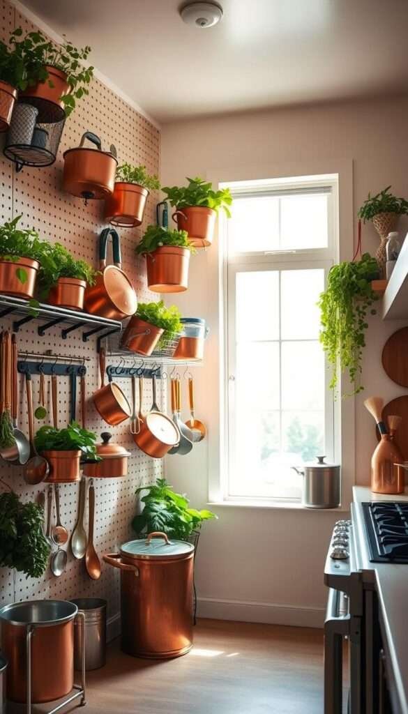 A well-lit, airy kitchen with a vibrant pegboard wall adorned with an array of colorful copper pots, herb baskets, and other cooking utensils. The warm, natural lighting casts a soft glow over the scene, accentuating the rich tones of the copper and the verdant greens of the herbs. The pegboard itself features a variety of compartments and hooks, creating a visually appealing and functional storage solution. The overall composition conveys a sense of organization and efficiency, perfectly capturing the essence of "Unlocking Hidden Wall Storage Potential" in a small kitchen.