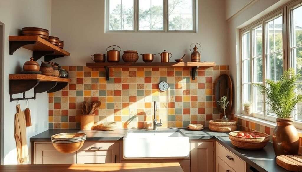 A well-lit, artisanal kitchen with a boho-inspired backsplash. The backsplash features a mosaic of earthy tiles in warm hues, including terracotta, mustard, and sage green, arranged in an organic, asymmetrical pattern. Sunlight streams in through large windows, casting a soft, natural glow on the kitchen. Rustic wooden shelves, copper pots, and woven baskets add to the cozy, lived-in feel. The overall atmosphere is one of relaxed elegance, reflecting the effortless style of a modern boho farmhouse kitchen.