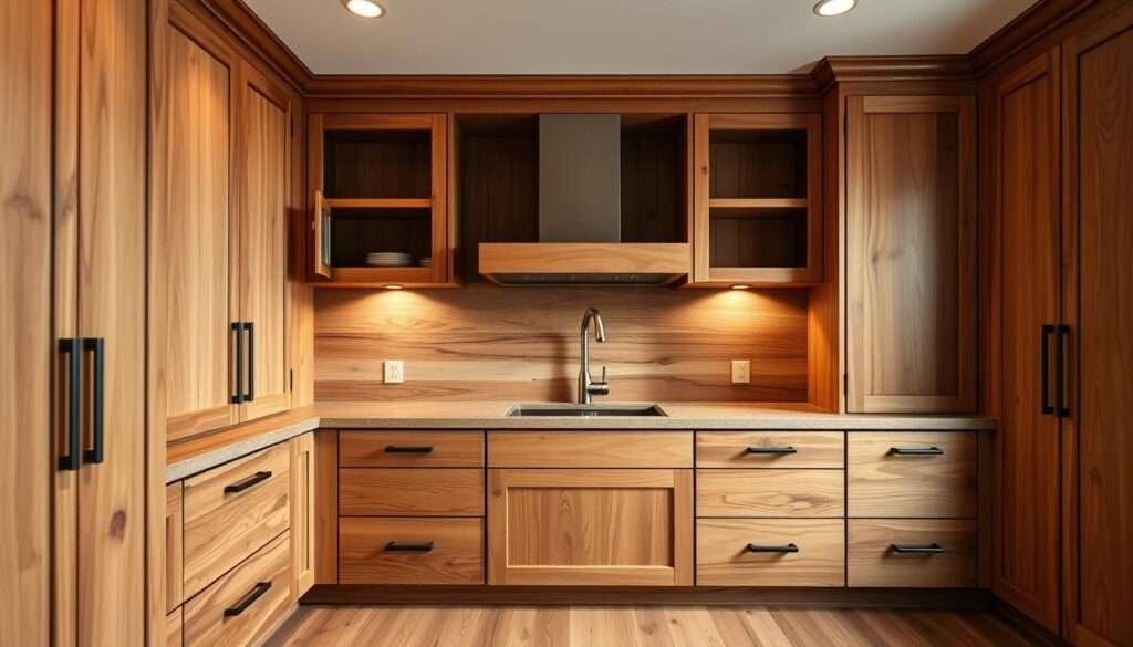 A well-lit, expertly crafted kitchen showcasing a stunning natural wood cabinetry with a warm, rustic charm. The cabinets feature a mix of smooth, clean-lined drawers and open shelves, highlighting the beautiful wood grain and intricate knots. Soft, indirect lighting casts a gentle glow, accentuating the rich, earthy tones and the unique character of the reclaimed materials. The overall composition exudes an inviting, timeless elegance, blending modern sensibilities with a touch of bohemian flair.