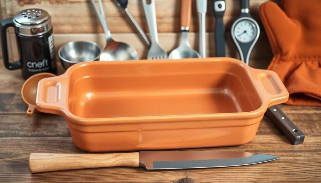 A well-lit, high-resolution image of a neatly arranged collection of casserole-making tools on a wooden surface. In the foreground, a large ceramic baking dish, a wooden spoon, and a sharp chef's knife. In the middle ground, a metal ladle, a silicone spatula, and a meat thermometer. In the background, a garlic press, a measuring cup, and a pair of sturdy oven mitts. The tools are positioned to create a visually appealing, symmetrical composition, with a warm, natural lighting that casts soft shadows and highlights the textures of the materials. The overall scene conveys a sense of culinary preparedness and the essential tools needed to create a delicious homemade casserole.